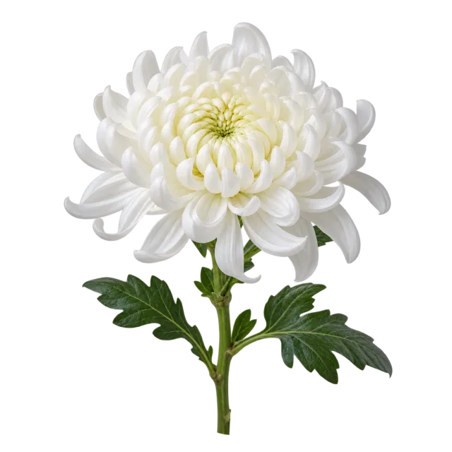 White chrysanthemum with layered curved petals and a pale green center on a transparent background