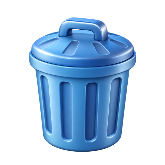 A blue lidded trash bin with vertical grooves and a top handle