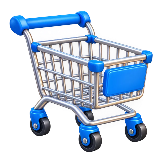A silver wire shopping cart with blue handles, trim and wheels