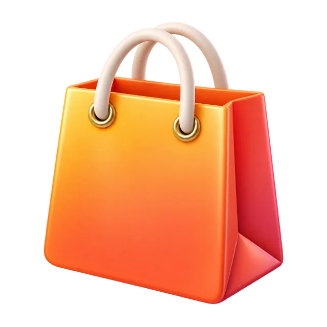 An orange shopping bag with cream handles and a red side panel
