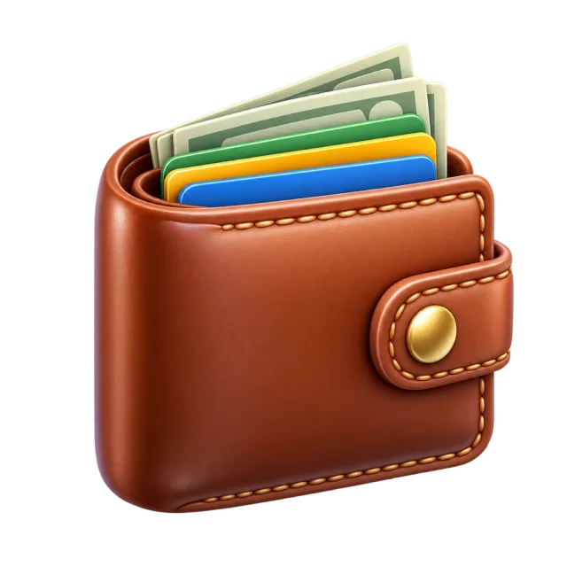 A brown wallet with a clasp, banknotes and a blue card