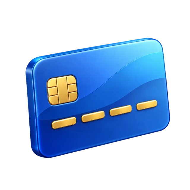 A blue payment card with a gold chip and raised gold markings