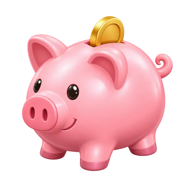 A pink piggy bank with a curled tail and a gold coin at the top