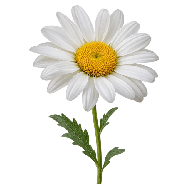 White daisy with long petals around a bright yellow center on a transparent background