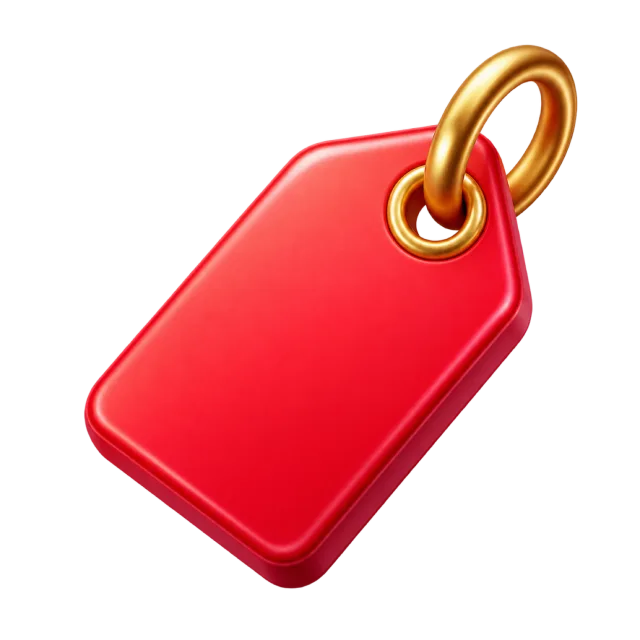 A red price tag with a gold ring through its corner hole