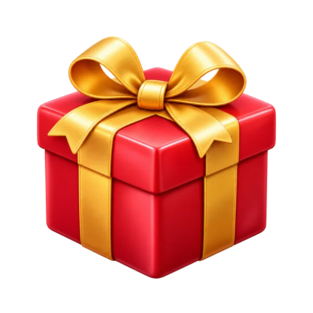 A red gift box tied with a gold ribbon and bow