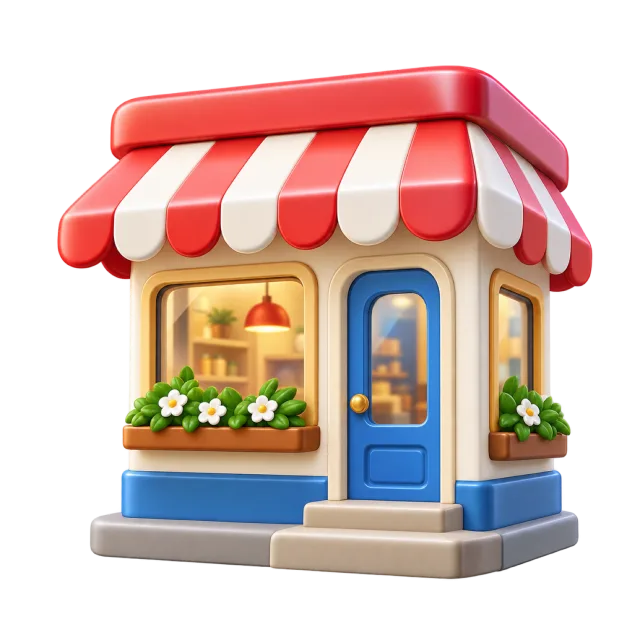 A small shop with a red-and-white striped awning and a blue door