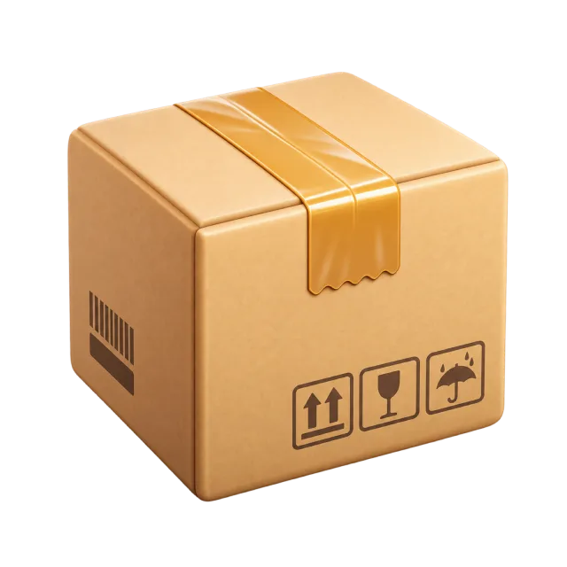 A taped cardboard parcel with small handling symbols on one side