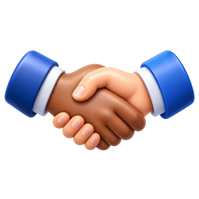 Two hands shaking, with blue jacket cuffs at the wrists