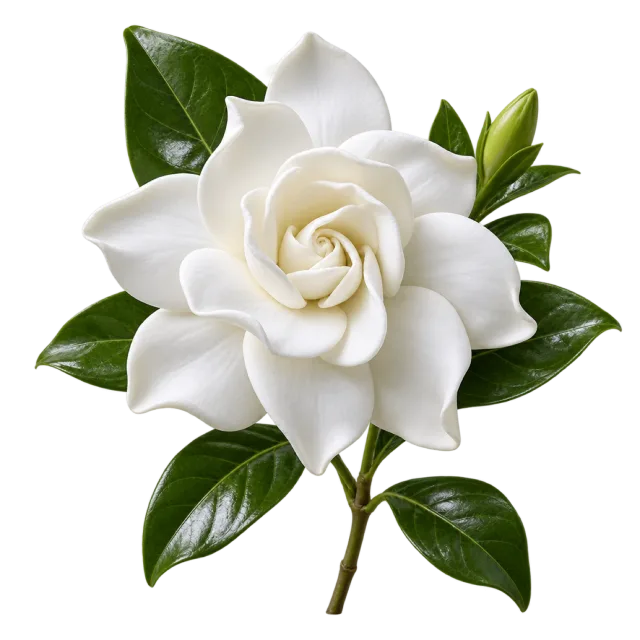 White gardenia with softly curled petals and glossy dark green leaves on a transparent background