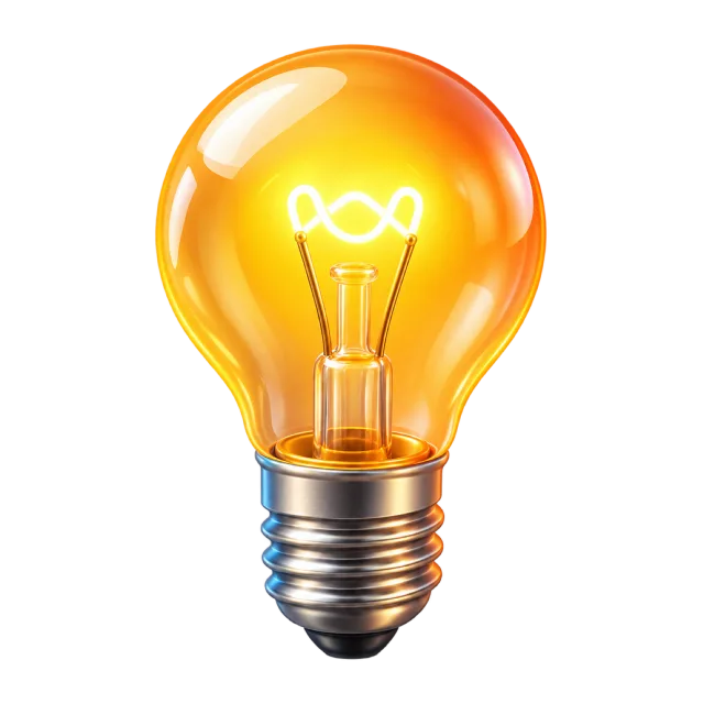 A glowing yellow light bulb with a visible filament and silver screw base
