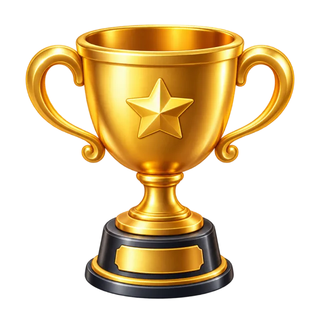 A gold trophy with two handles, a raised star and a dark base