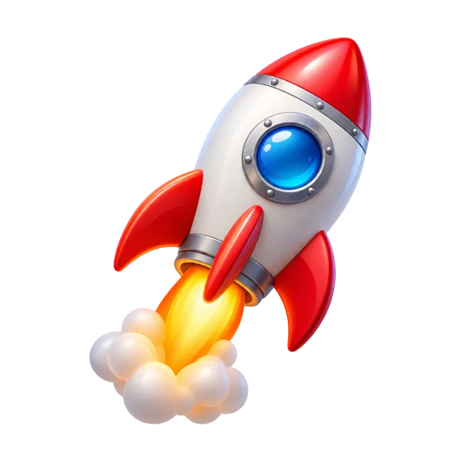 A red-and-silver rocket lifting off with yellow flame and pale smoke