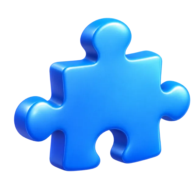 A rounded blue jigsaw puzzle piece with tabs and an inset notch