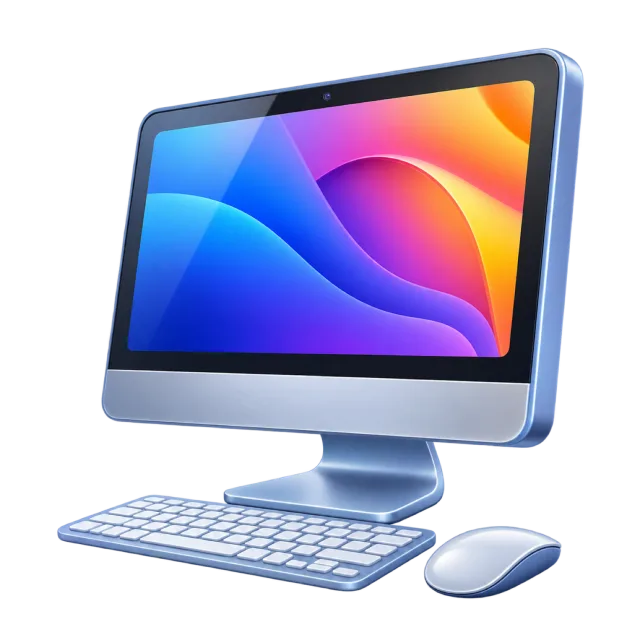 A silver desktop monitor with a colorful screen, keyboard and mouse