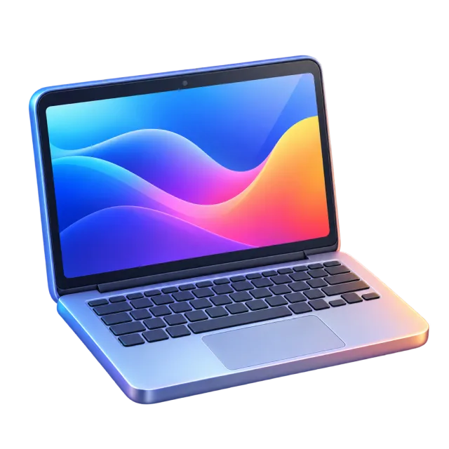 An open silver laptop with a black keyboard and colorful screen