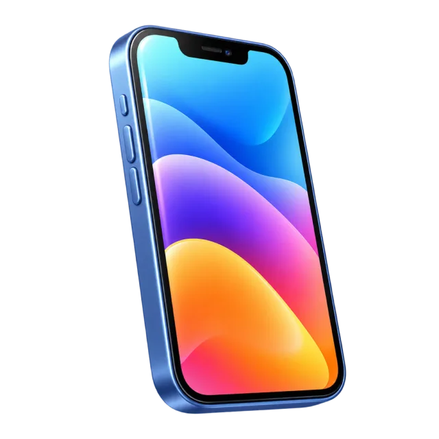 An upright smartphone displaying curved blue, purple and orange shapes