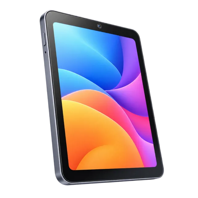 A dark-framed tablet with a colorful abstract screen