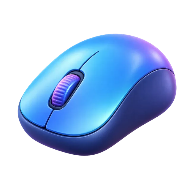 A blue computer mouse with a purple scroll wheel and side shading