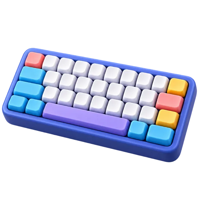 A compact keyboard with white keys, blue trim and colored accent keys