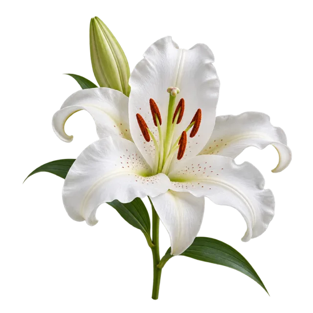 White lily with broad curved petals, prominent stamens and a green bud on a transparent background