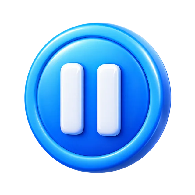 A circular blue pause button with two raised white bars