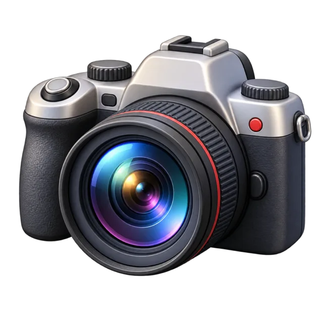 A black-and-silver camera with a large multicolored lens