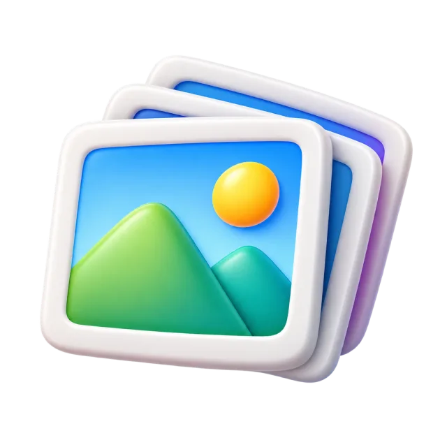 Overlapping white-framed picture cards showing green hills and a yellow sun