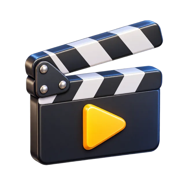 A black-and-white film clapperboard with a yellow play symbol