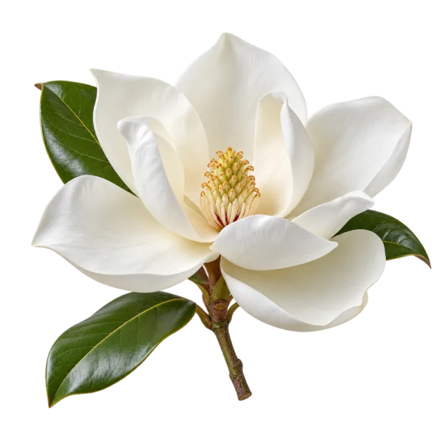 Creamy white magnolia blossom on a short woody branch with green leaves on a transparent background