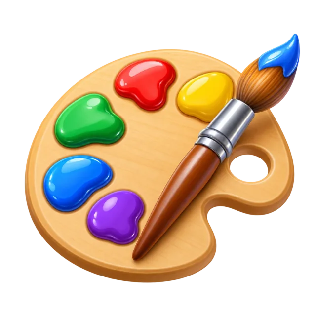 A wooden paint palette with colorful paint blobs and a paintbrush