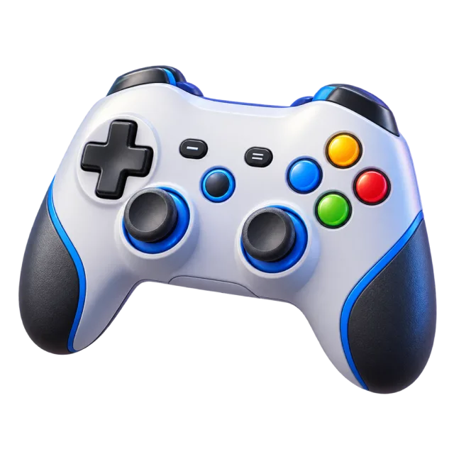 A white-and-blue game controller with joysticks and colored buttons
