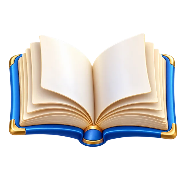 An open book with cream pages and a blue-and-gold cover