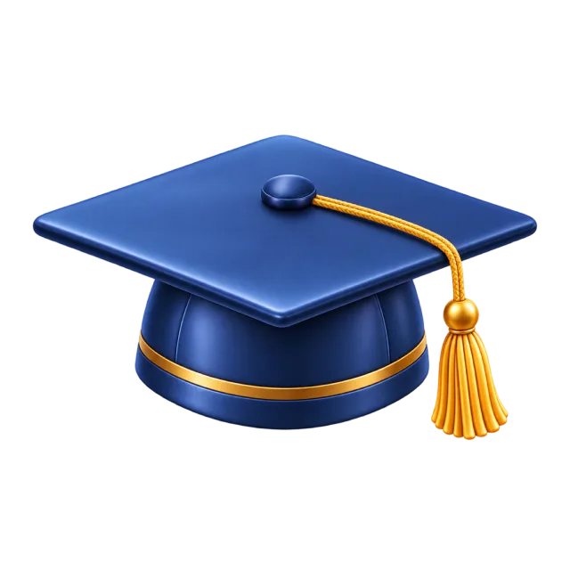 A blue graduation cap with a gold tassel and trim