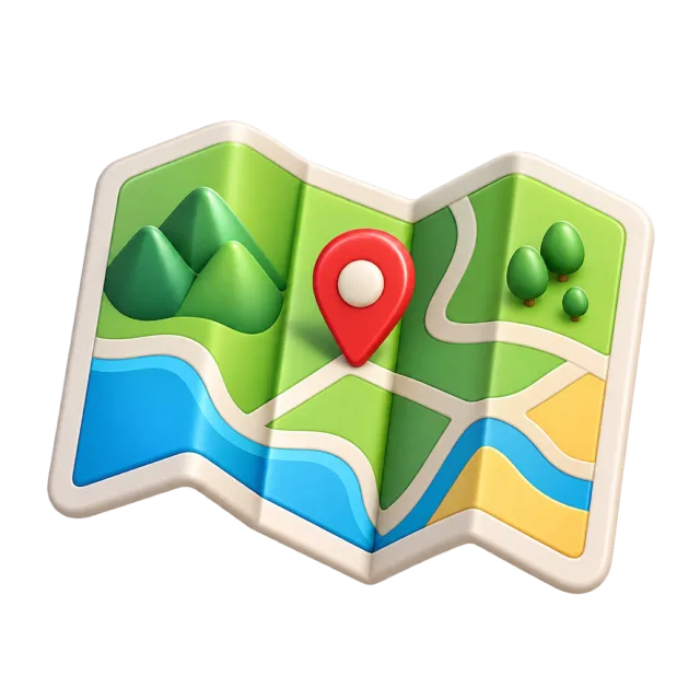 A folded green-and-blue map marked with a red location pin