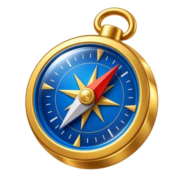 A gold-rimmed compass with a blue dial and colored pointer