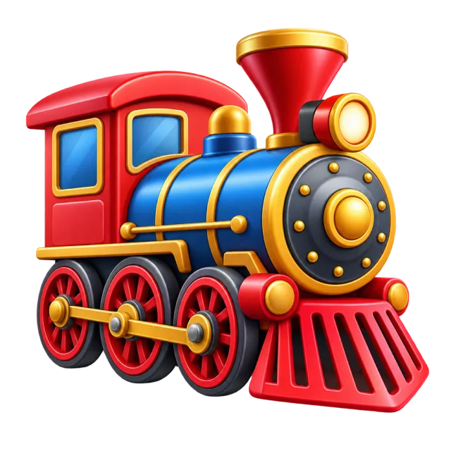 A red, blue and gold steam locomotive with a front chimney