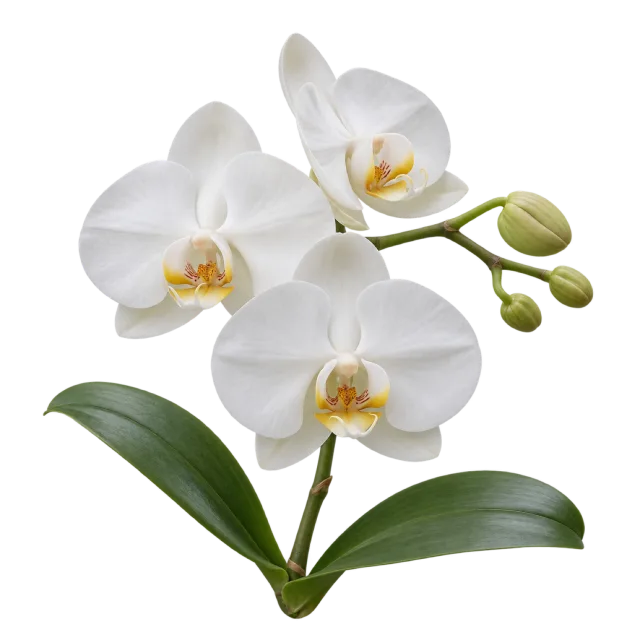 White orchid spray with yellow-centered blossoms, unopened buds and broad leaves on a transparent background