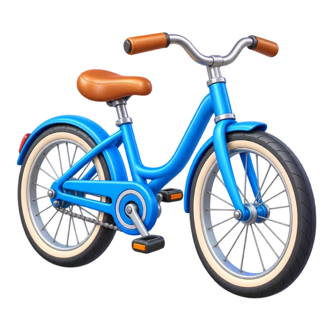 A blue bicycle with brown saddle and grips and silver spokes
