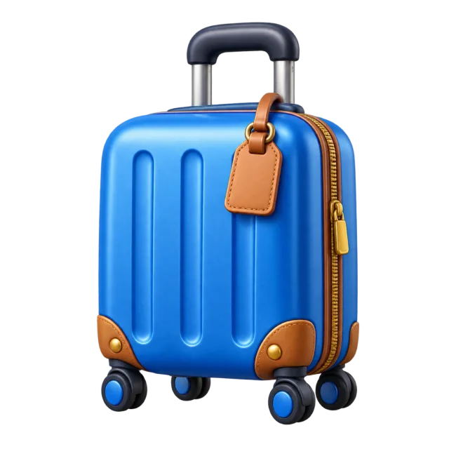 A blue wheeled suitcase with a telescopic handle and brown luggage tag