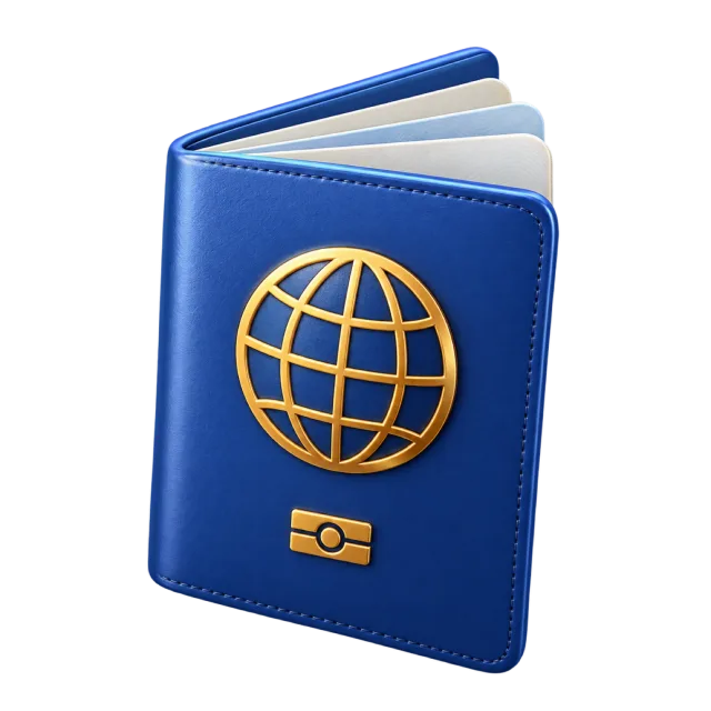 A blue passport-style booklet with a gold globe symbol on its cover