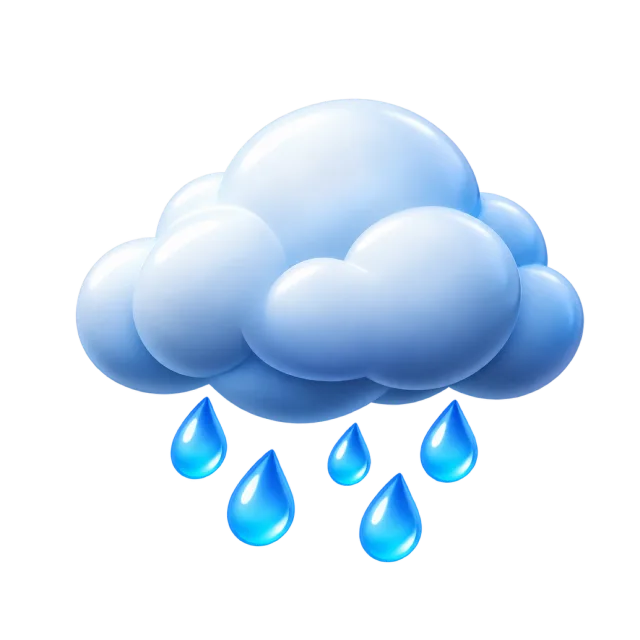A pale blue rain cloud with blue droplets beneath it
