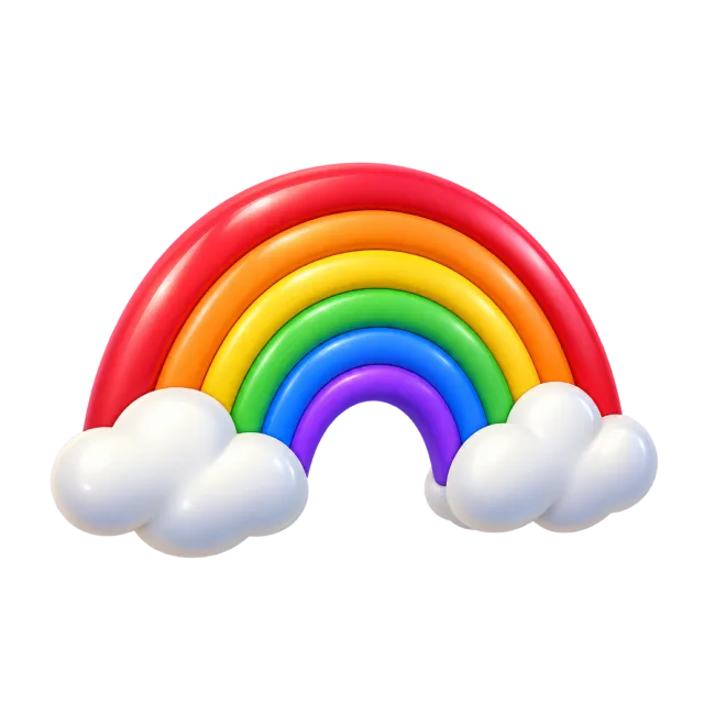 A multicolored rainbow arch ending in small white clouds