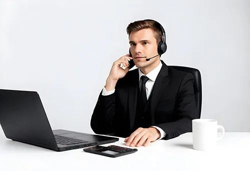 Seated businessman holding a phone to his ear beside an open laptop