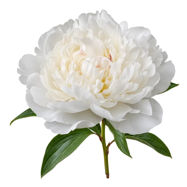 Full white peony with many softly ruffled petals and green leaves on a transparent background