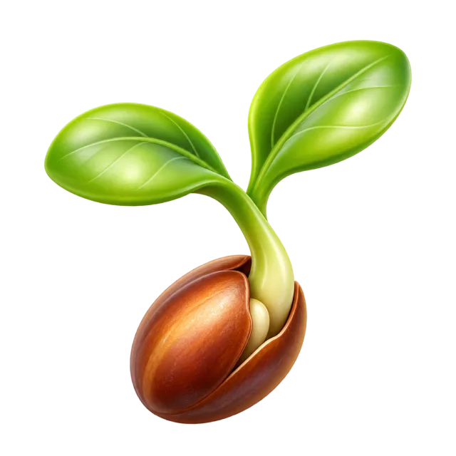 A green seedling emerging from a brown seed with two leaves