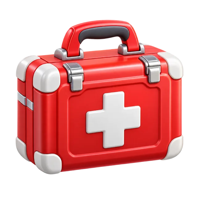A red first aid case with a white cross and silver fastenings