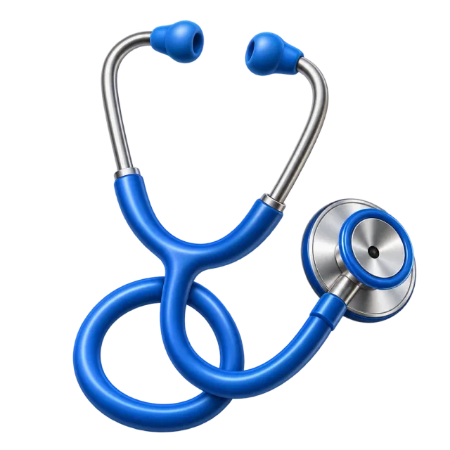 A blue stethoscope with silver tubing and a round chest piece