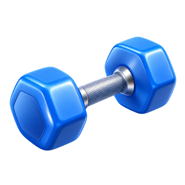 A blue dumbbell with chunky weights and a silver grip