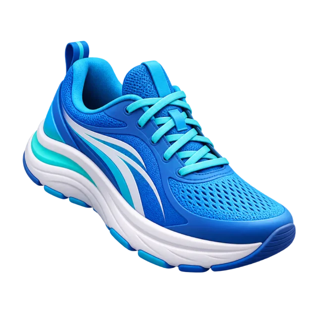 A blue running shoe with turquoise laces and a white sole